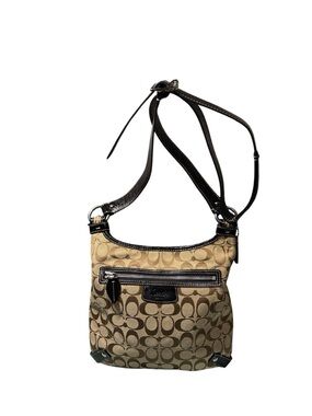 Coach Khaki Signature File Bag Crossbody Black Leather Trim F14689